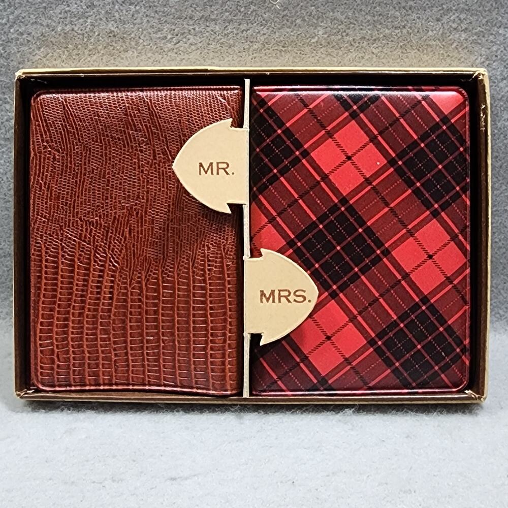Mr & Mrs Tri-Fold Billfold Wallets Vinyl Snap Closure Wedding Gift Set Vtg 1950s